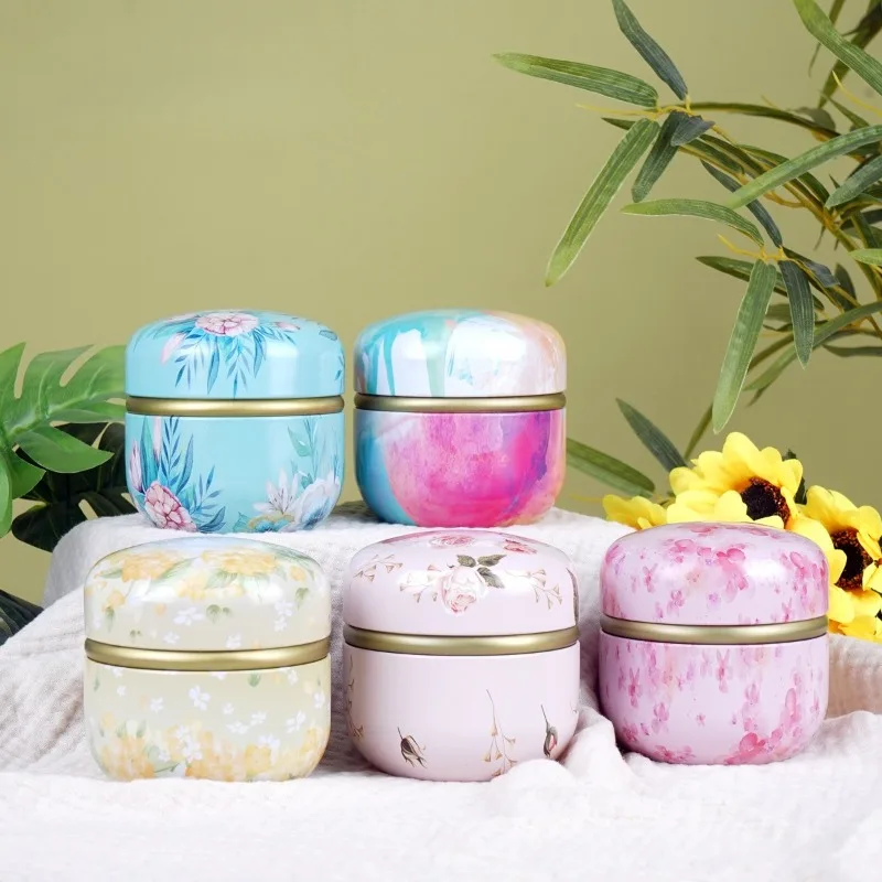 

Tea Caddy Tinplate Household Sealed Packaging Box Portable Japanese Style Flower Round Small Tin Containers