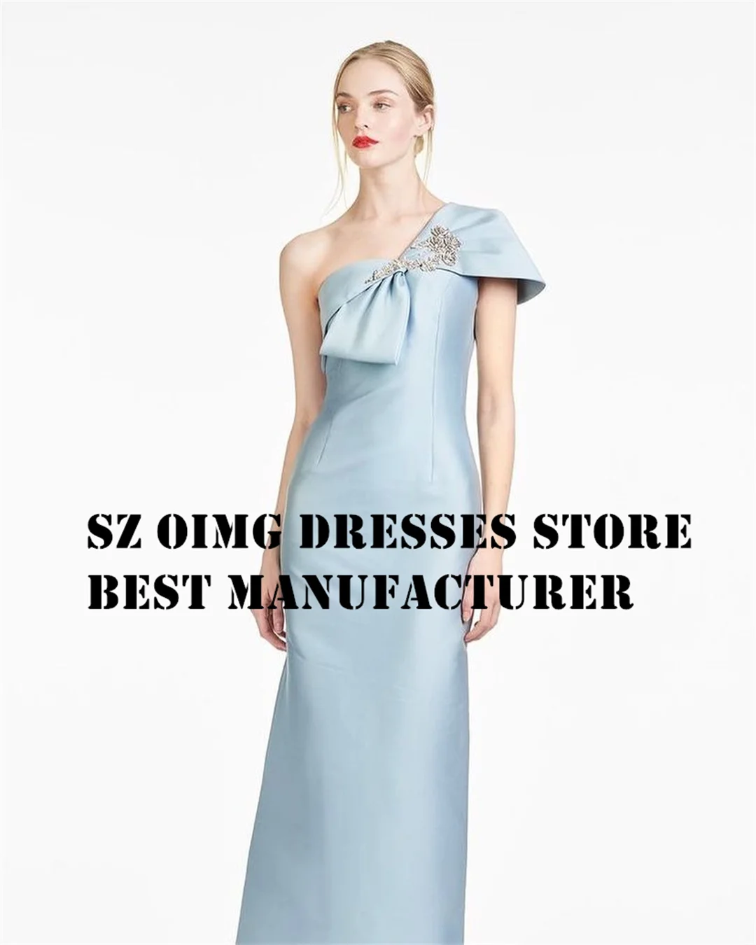 

OIMG Elegant Satin Prom Dresses One-Shoulder Mermaid Floor Length Sky Blue Beading Women Evening Gowns Formal Party Dress