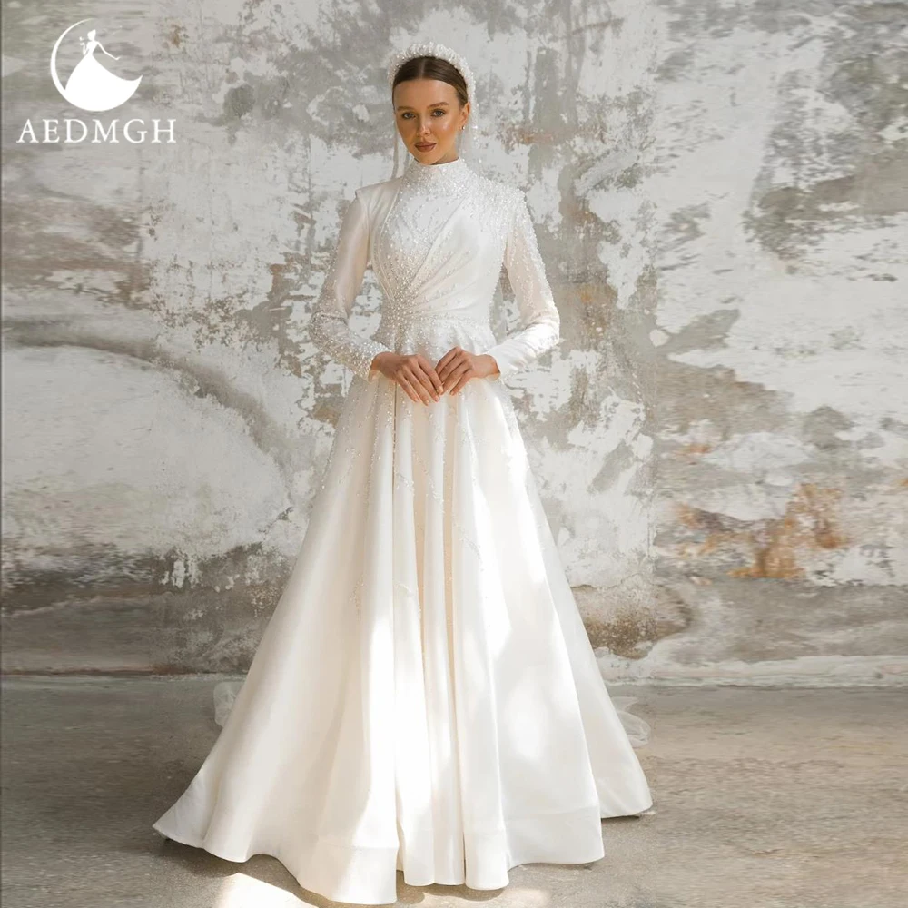 Aedmgh A-Line Vintage Wedding Dresses High Neck Long Sleeve Vestido De Novia Beaded Matte Satin Muslim Custom Made Bridal Gown