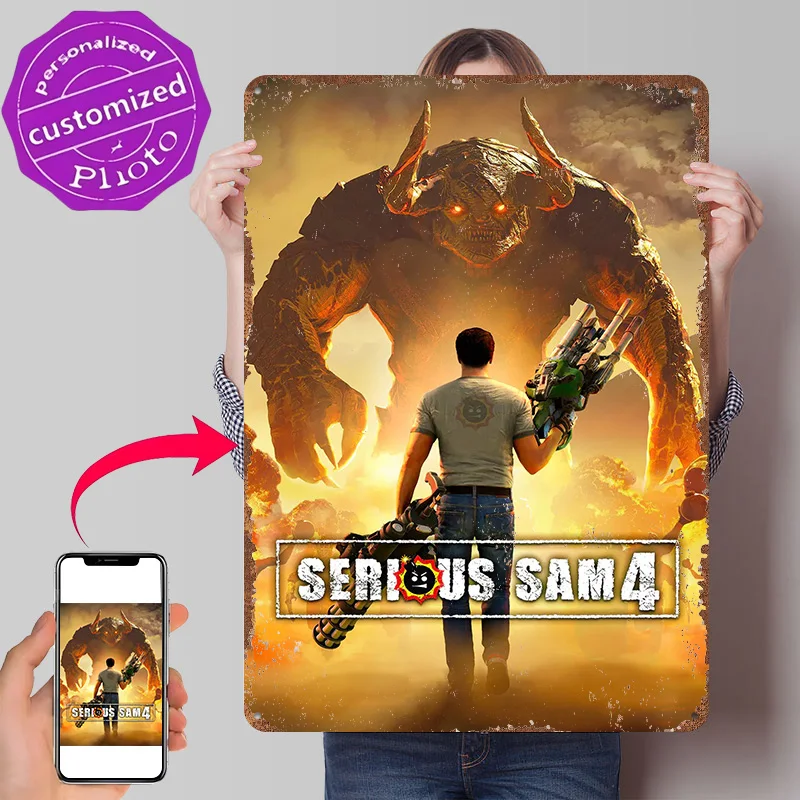 Serious Sam 4 - Cubierta de juego personalizada, póster metálico texturizado en 3D, arte de pared, letreros vintage de hojalata para decoración del hogar, accesorios y decoración de pared.