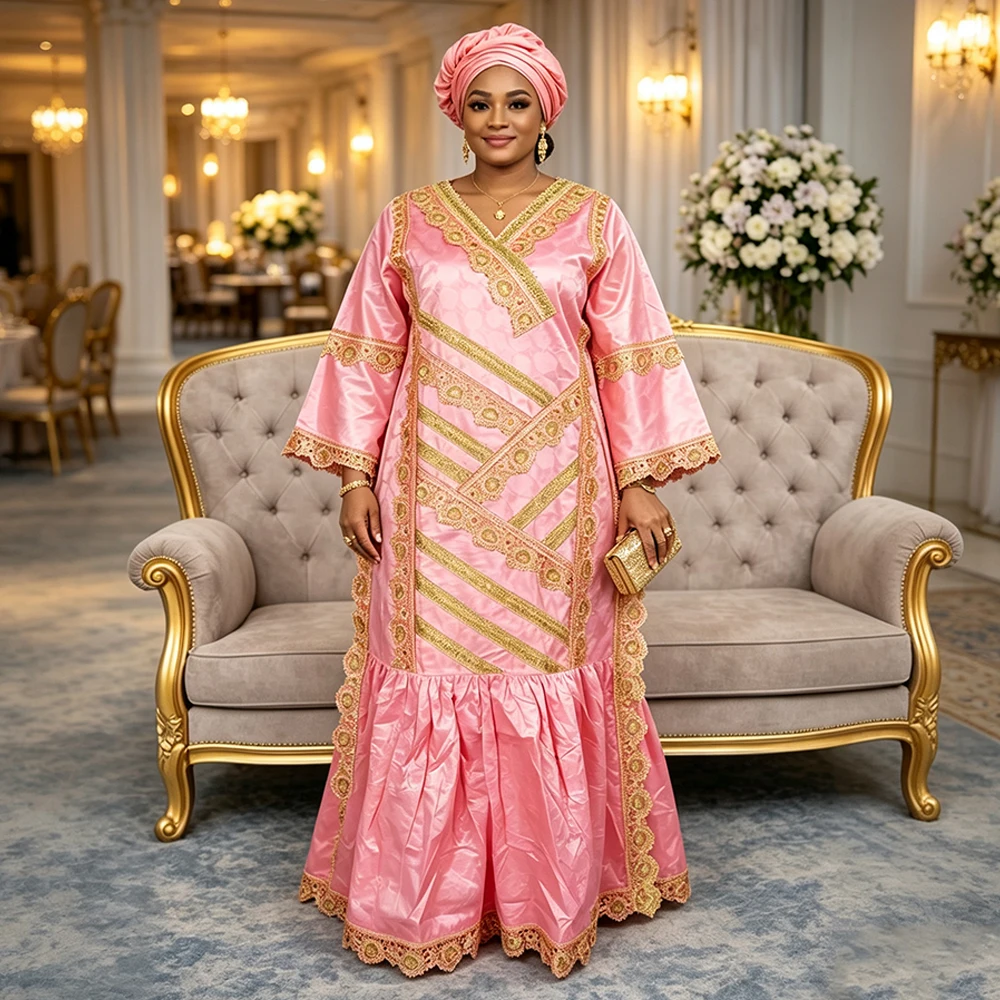 Plus Size African Party Long Dresses for Women 2026 New Luxury Bazin Embroidery Robe Elegant Outfits Muslim Wedding Evening Gown