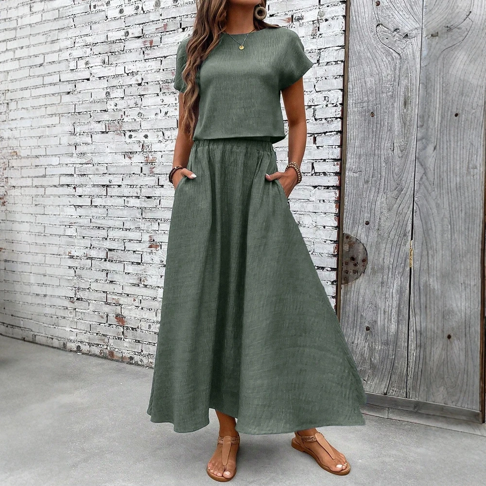 

Mia Muse Women's Sets 2025 Summer Natural Vibes Twill-Like Texture Short Sleeve Top & Long Skirt Easygoing Vacation Getaway