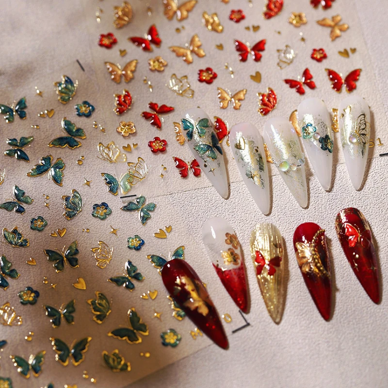 Gold Stamped Red Green Yellow Butterfly Flowers 3D Jelly Self Adhesive Nail Art Stickers Glitter Manicure Decals Wholesale