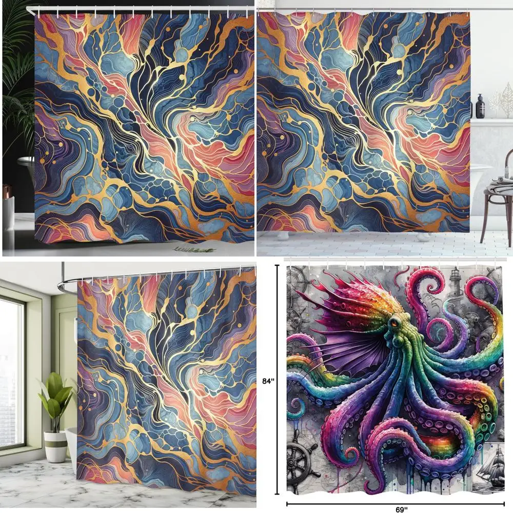 

Занавеска для душа с абстрактным мраморным принтом - яркие линии и точки на ткани для мечтательного декора ванной комнаты