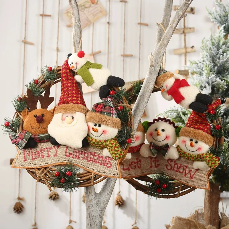 

Santa Claus Reindeer Christmas Wreath, Handmade Woven Rattan, Holiday Wall Hanging, Mini Desktop Decoration for Home Decoration