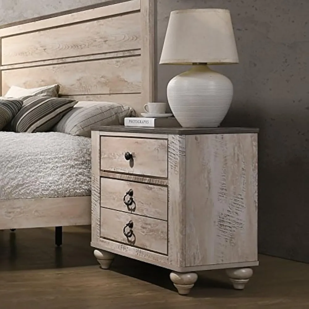 Contemporary 3 Drawer Patched Wood Top Nightstand, 29.8