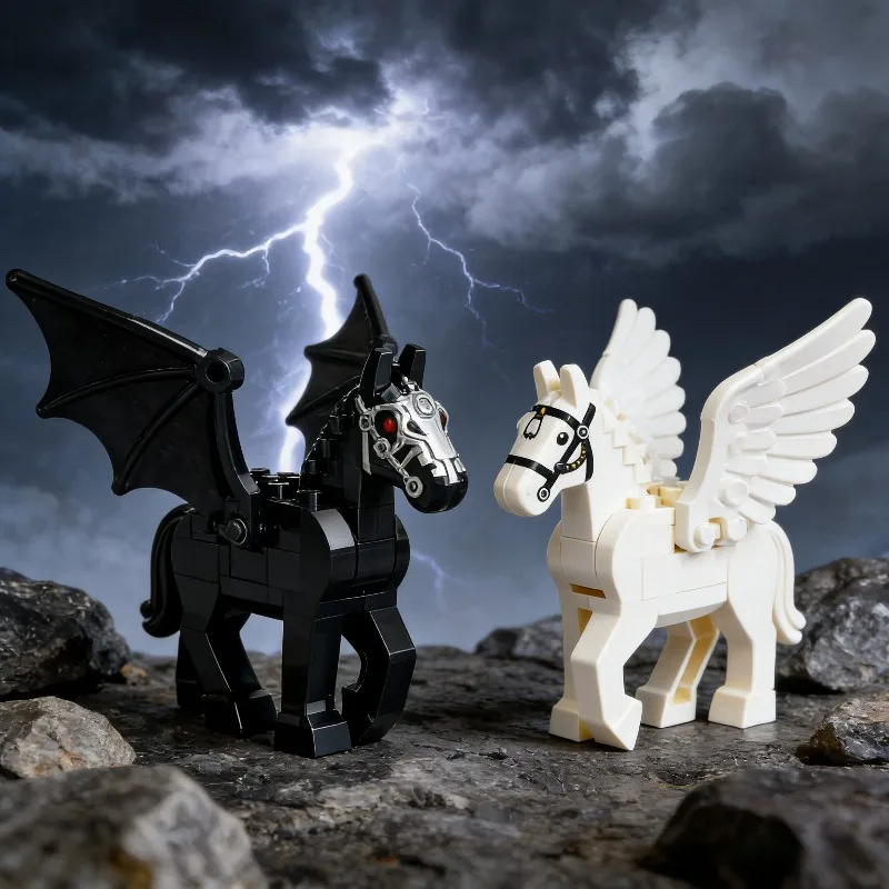 

MOC Military Series Building Blocks Black and White War Horse with Flying Wings Cavalry Riding Model Set with Assembly Parts Toy