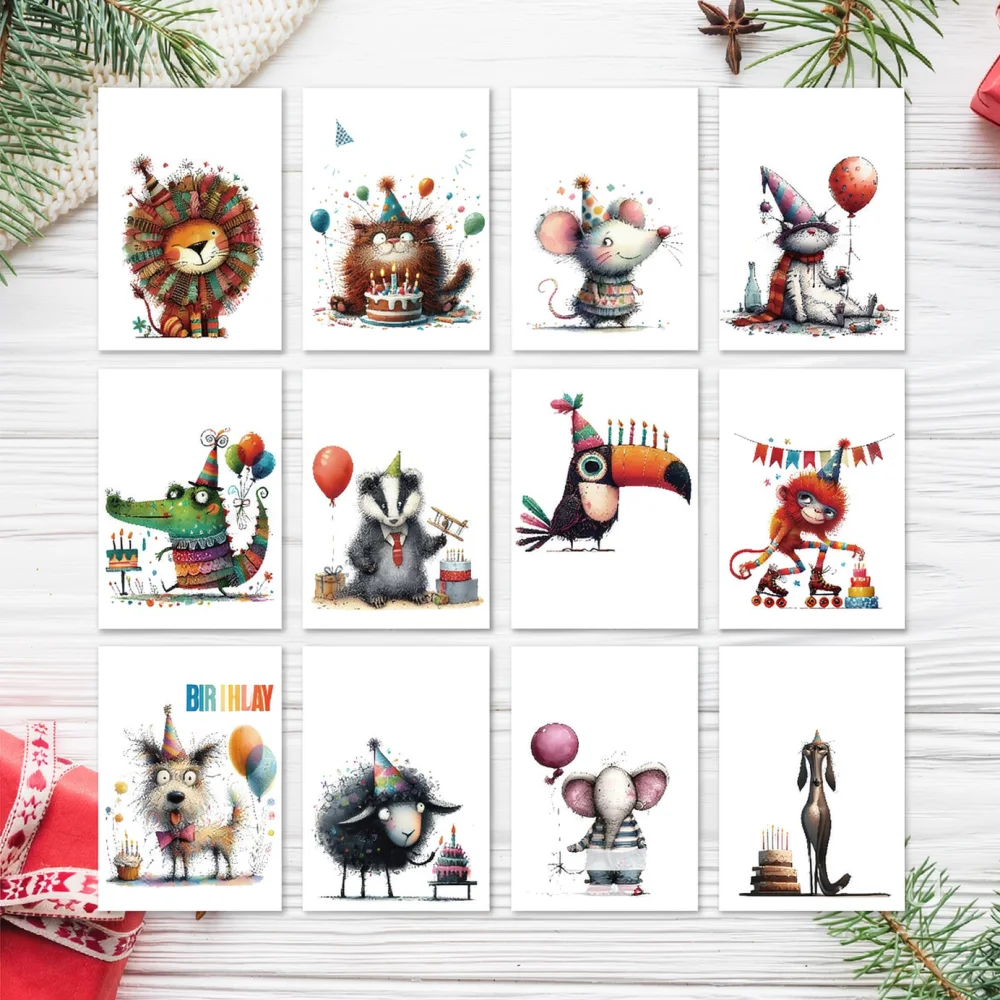 Artistic Funny Animal Birthday Card Set Creative Graphic Illustration Note Paper Card For Party Event Personalized Gift