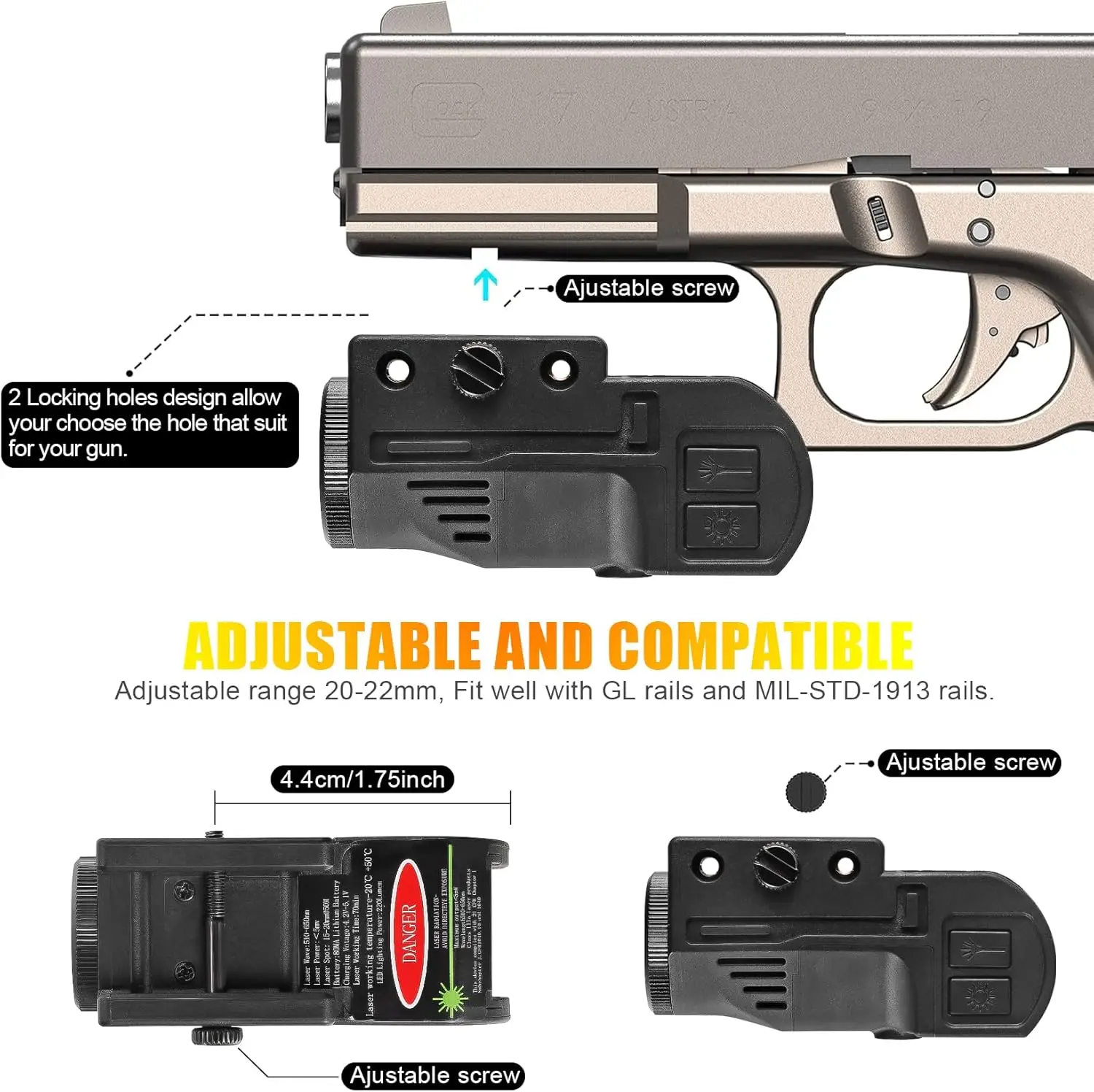 Pistola táctica con láser verde, combinación de flash de puntería para la mayoría de pistolas y rifles con carga magnética de batería integrada