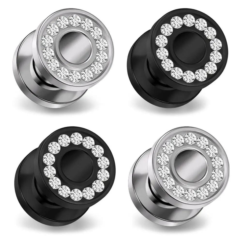 1/2Pairs Black Silvery Zircon for Ears 316L Surgical Steel Fit Single Flared Tunnels Plugs Earrings Hollow for Women Men Jewelry