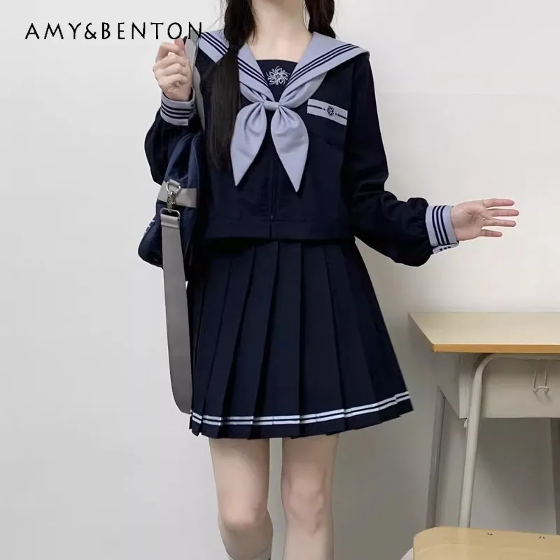 2024 New Japanese JK Uniform Preppy Style Sailor Suit Sweet Blue Long Short Sleeves Top Cinched Waist Pleated Skirt Set For Girl