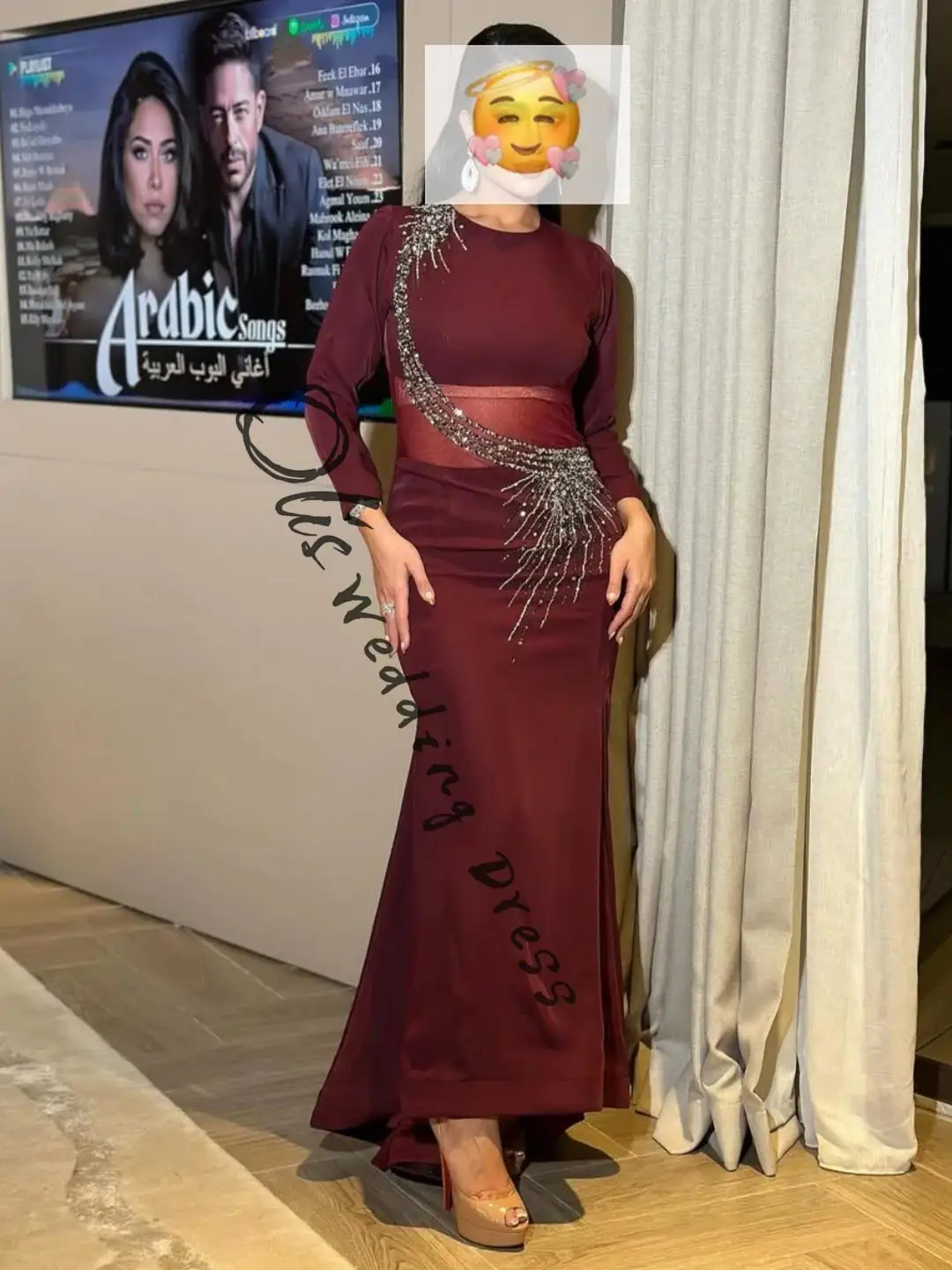 

customized Mermaid Long Sleeves Prom Dresses O-Neck Floor Length Pleated Beadings Party Dresses Evening Dresses