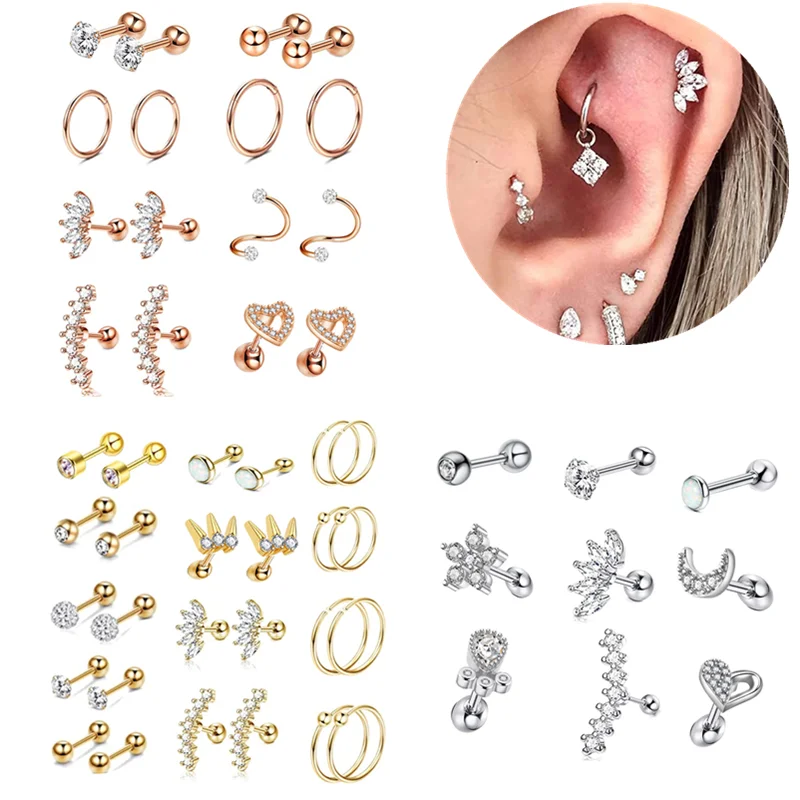 Fashion Crystal Cartilage Earring Set Stainless Steel Gold Color Ear Hoop Helix Tragus Ear Stud Set Women Earrings Jewelry Gift