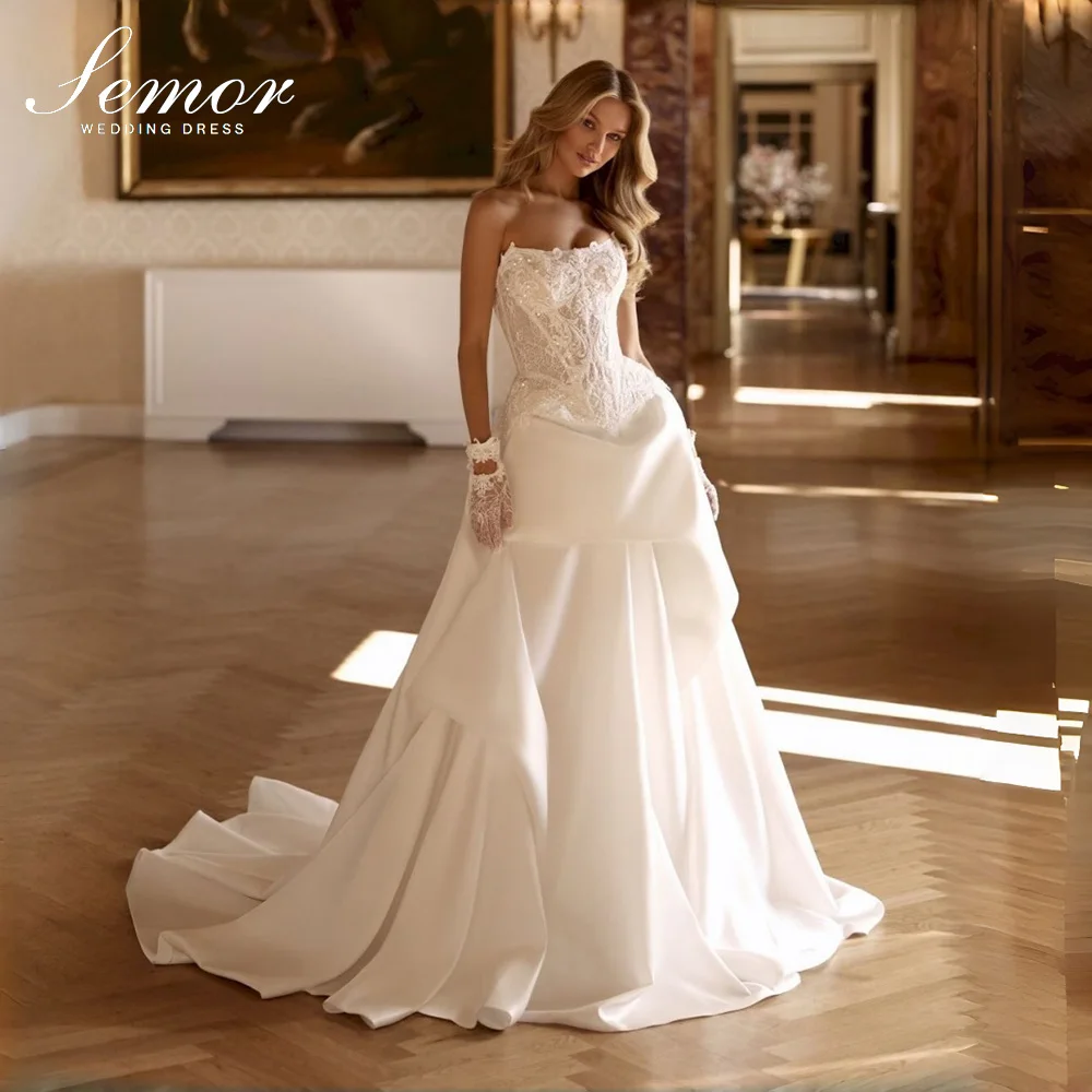 Semor Elegant Strapless Wedding Dresses for Women Lace Up Satin Pleat Lace Appliques Bridal Gown Robe De Mariee Customized 2027