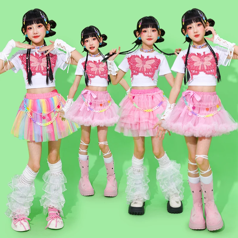 Menina hip hop roupas lantejoulas colheita topos rosa tutu saias criança k-pop streetwear criança jazz menina grupo roupas de dança de rua conjunto