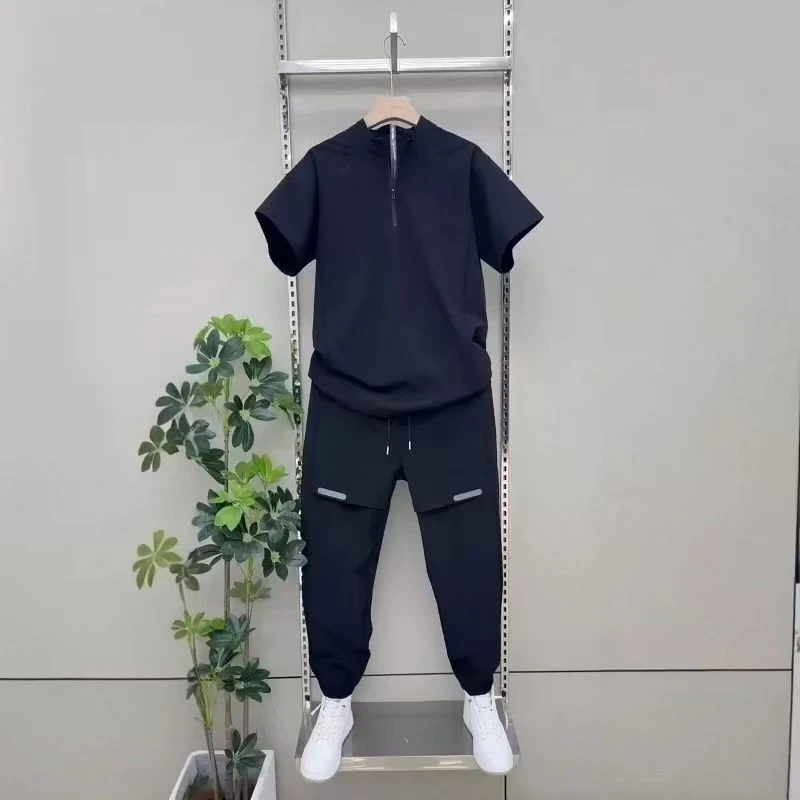 New Men 2 Piece Set Half Zip Stand Collar Loose Quick Dry Breathable Short Sleeve T Shirt Sports Pants Casual Tracksuit - view 5