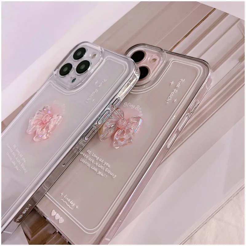 Koreańskie przezroczyste miękkie etui na telefon 3D Bow do iPhone\'a 16 15 14 13 12 11 Pro Max XS X XR 7 8 Plus 13 MINI Candy Cute Transparent Cover