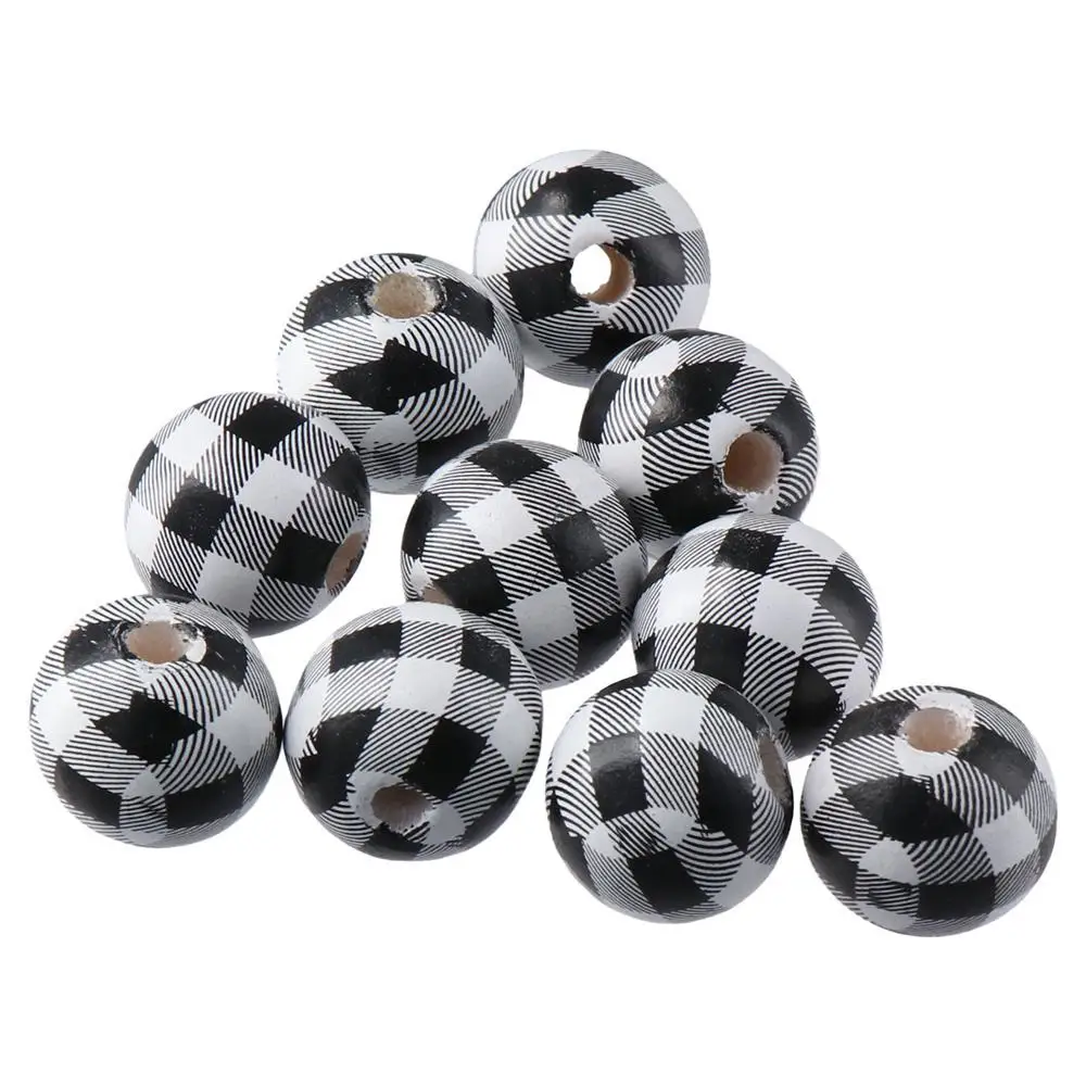 40pcs 40Pcs Buffalo Plaid Wood Beads 16mm Black White Checked Checked Beads Wood Beads Round Shape Round Beads