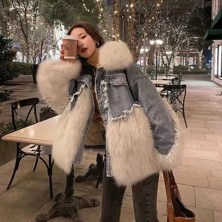 Women\'s Fleece-Lined Fur Denim Jacket 2024 Winter New Warm Long Sleeve Single Breasted Waist-Tight Loose Female T551