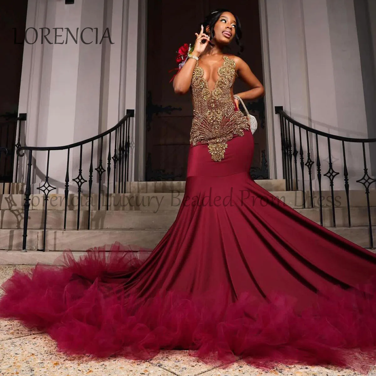 Glitter Burgundy Crystal Long Mermaid Prom Dresses For Black Girls Ruffle Rhinestones Formal Sleeveless Wedding Party Dress