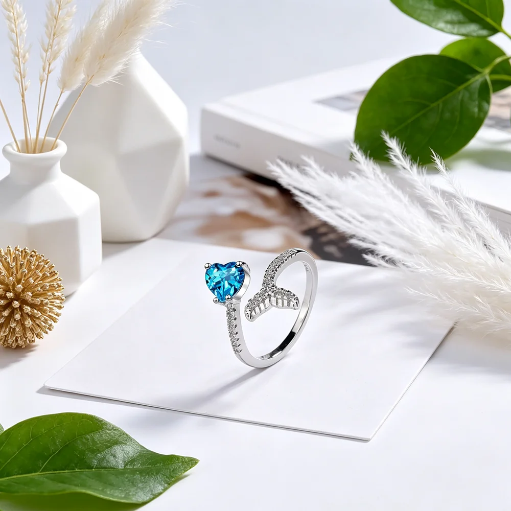 Shinning Genuine 925 Sterling Silver Love Heart Crystal Fish Tail Finger Rings For Women Wedding Engagement Jewelry New Anel