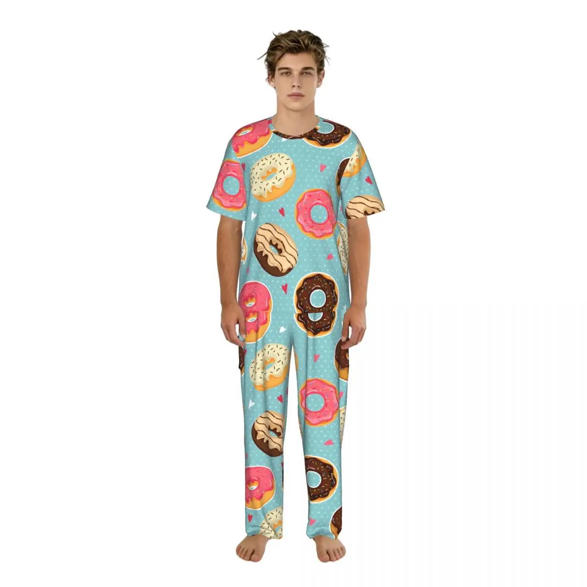 

Мужской комплект пижамы: летние топы с коротким рукавом + длинные брюки, домашняя одежда, костюмы для сна с мультяшными пончиками и цветной глазурью