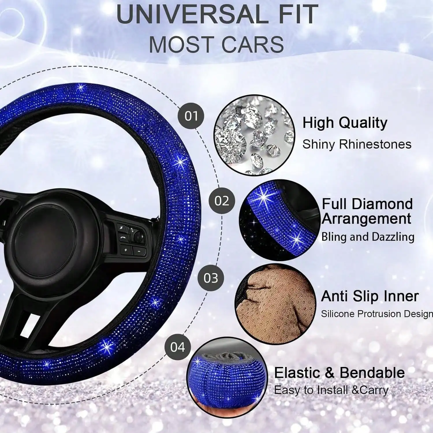 30pcs Bling Car Additions Set for Women, Steering Wheel Covers Universal Fit 15 Inch, Seat Belt Covers, Armrest Cover, Gear Shift Covers