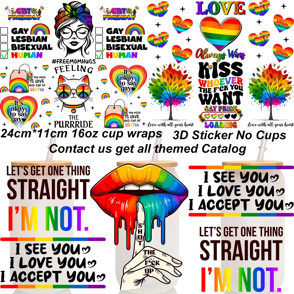 LGBTQ Pride Themed Uv Dtf Cup Wrap Glass 3D Transfer Stickers Waterproof Rainbow Flag Vibe Transfer Sticker For 16oz Glass Mugs