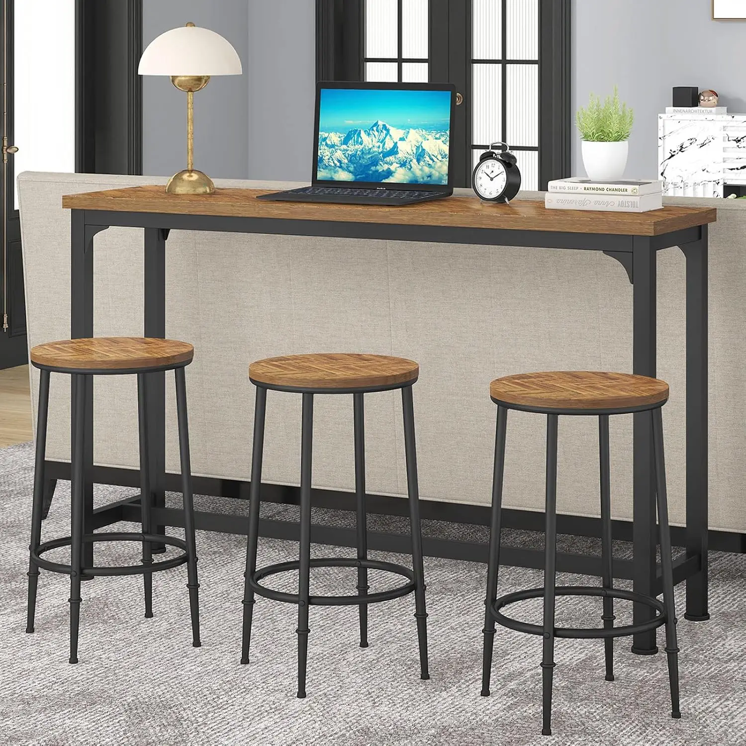 Bar Table Set for 3, 4 Piece Console Table with 3 Stools, Counter Height Sofa Table Set with 3 Chairs for Breakfast Nook, Living