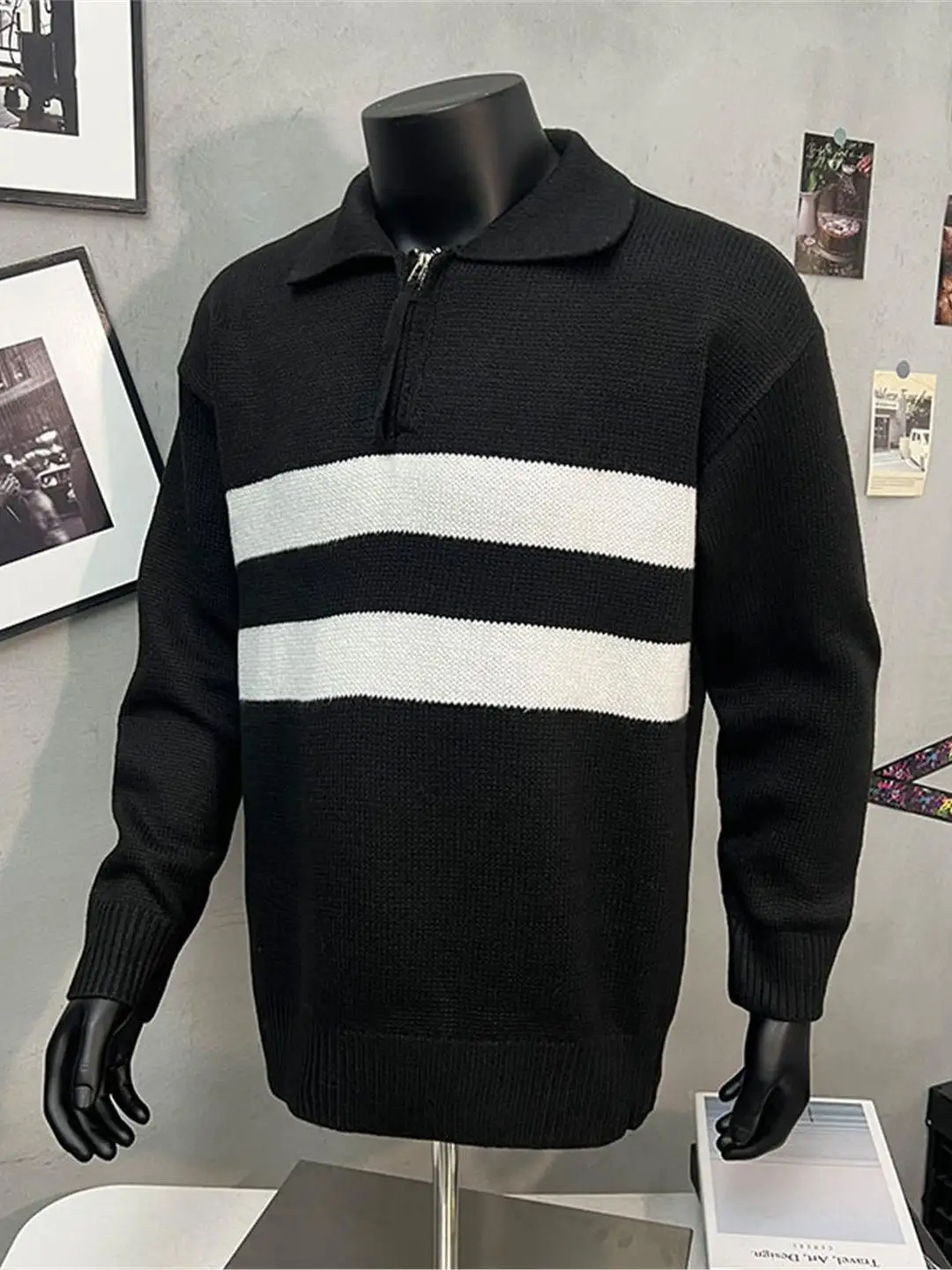 

Мужской вязаный свитер свободного кроя на молнии с воротником, осенне-зимний повседневный теплый топ, цветной блок