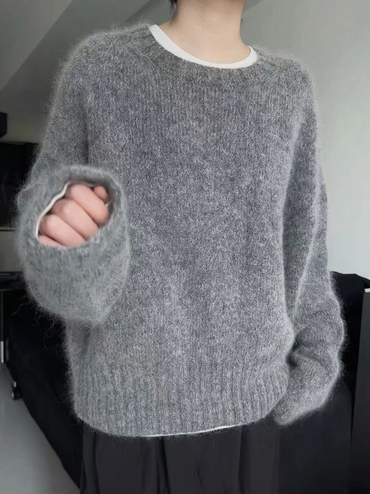 

Elegant Grey Sweaters Women 2025 Autumn Winter Casual Fashion Loose Women's 100% Pure Wool Knitwear Warm Thick Pullovers