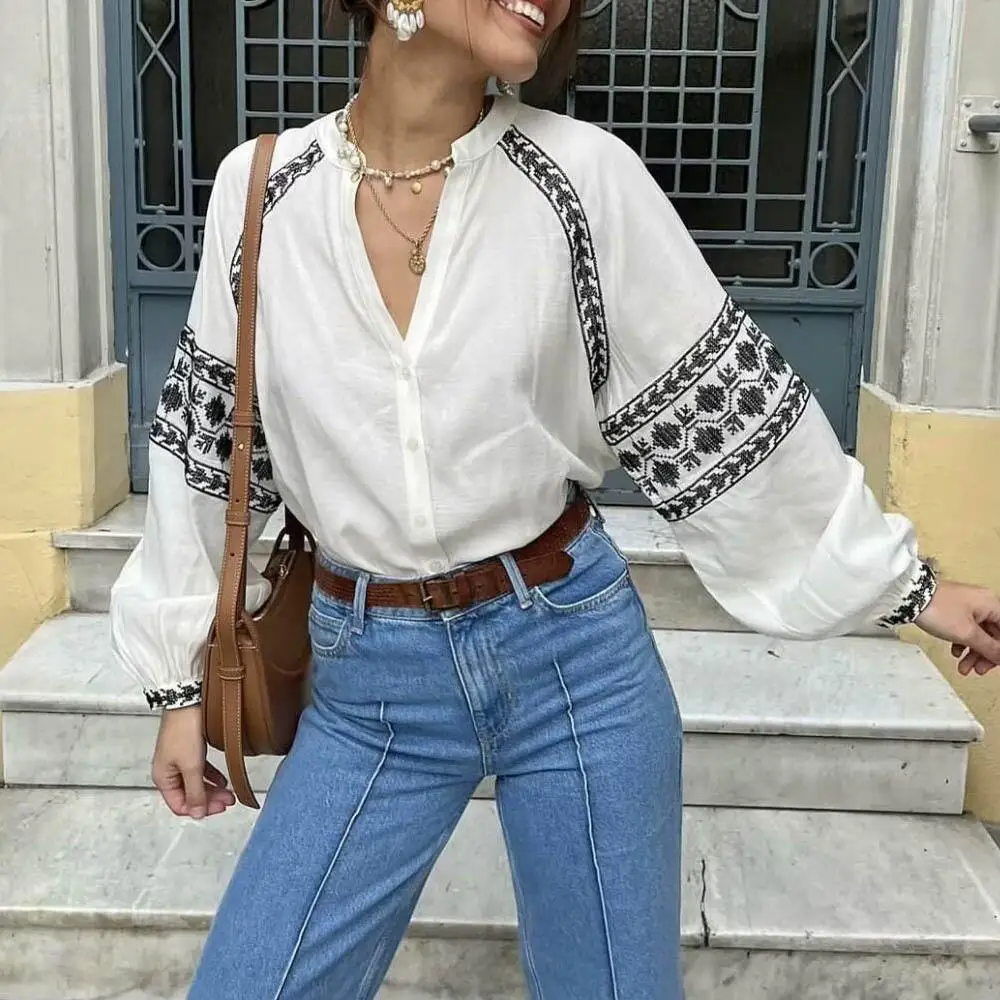 

Embroidered Lantern Sve Blouse Collared Women's irt Ethnic Sle Polyester Long Sve Fading Resistant Regular Thin