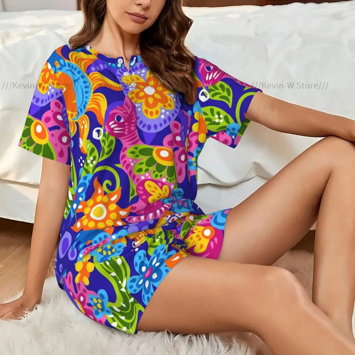 

Women Pajamas Set Mexican Ethnic Folk Homewear Two-Piece Short-Sleeved Short