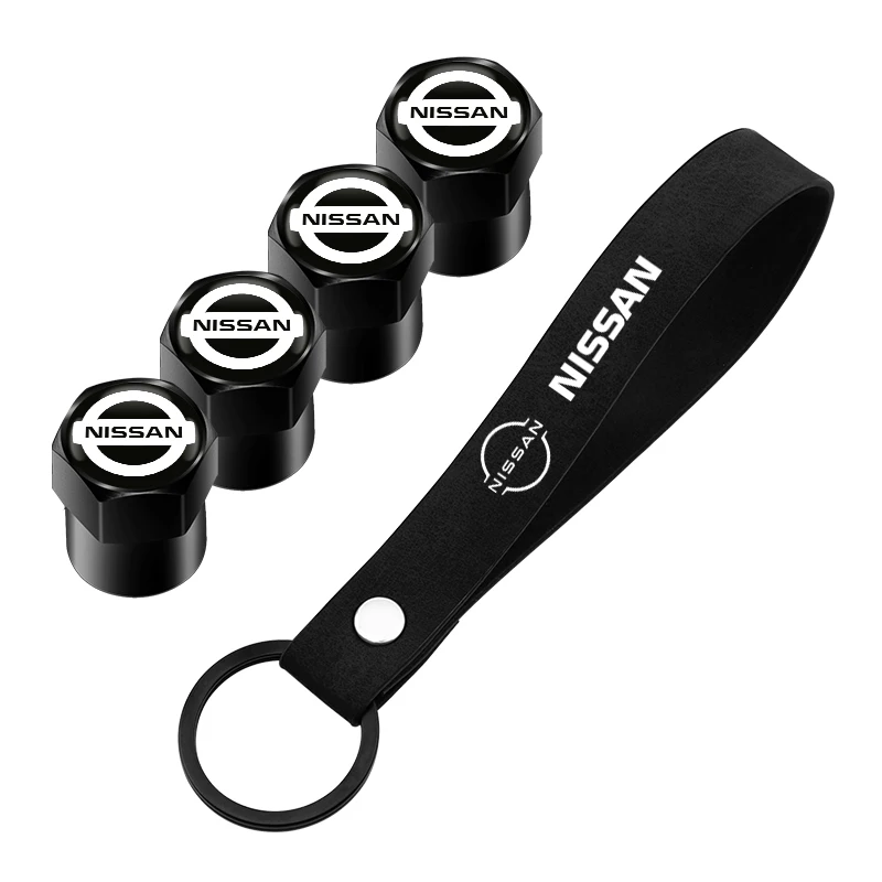 لنيسان X-trail قاشقاي ملاحظة جوك سنترا ليف الألومنيوم سيارة الإطارات صمام قبعات مع شارة السيارة كيرينغ المفاتيح مجموعة من الملحقات #1