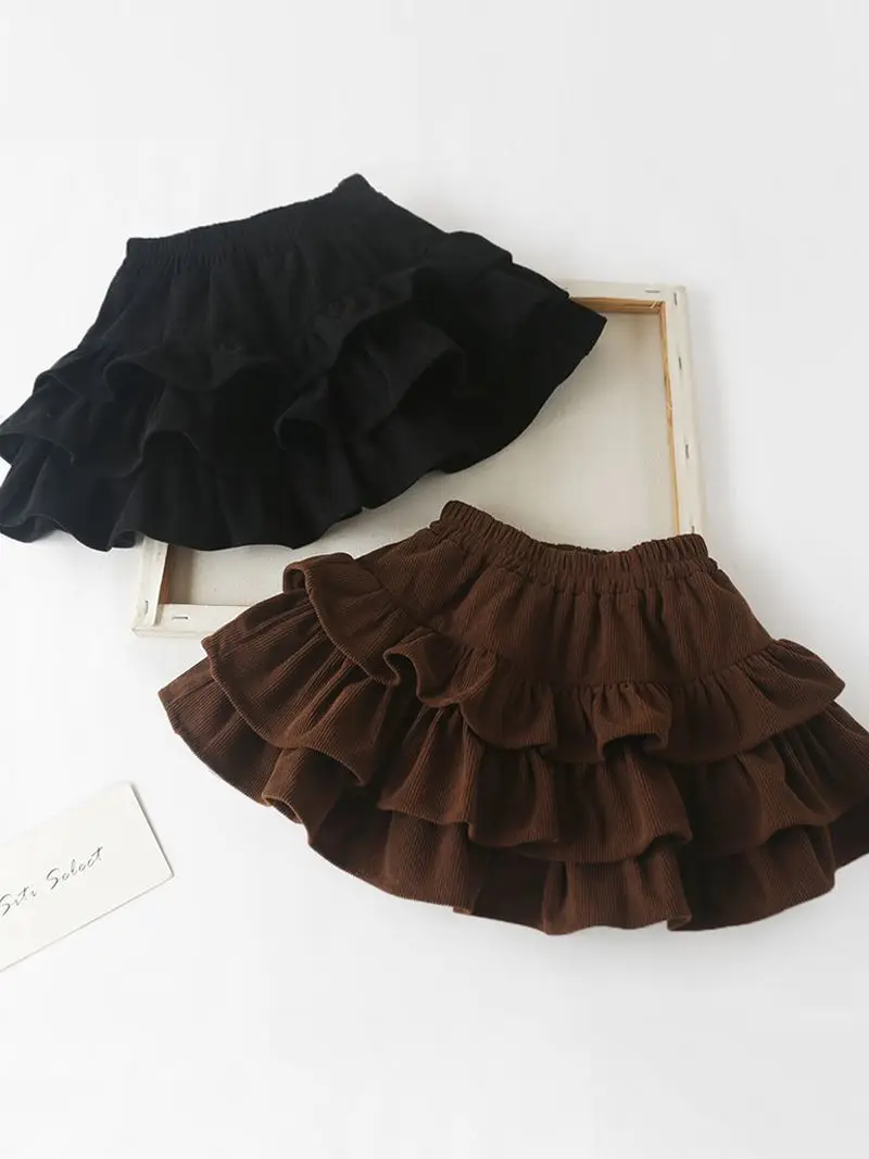 Girls Corduroy Tiered Cake Skirt Autumn Winter Kids Ruffle Mini Skirt Elastic Waist Shorts Lining Children Fashion Short Skirts