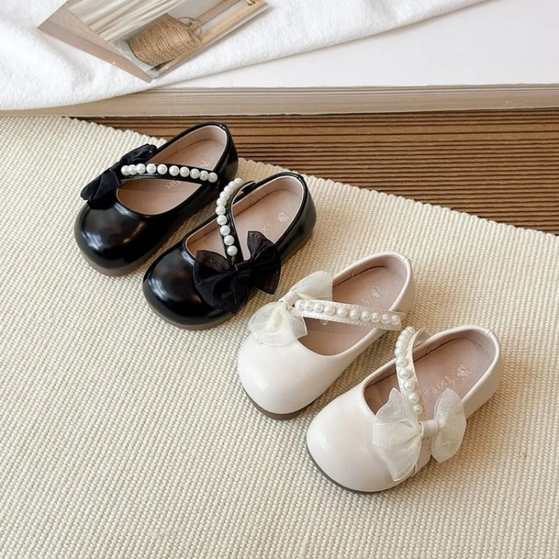 

New Girl Princess Leather Shoes Chic Versatile Soft Elegant Fashion Lace Bowknot Beading Kid Loafers Wedding Slip-on Mary Janes