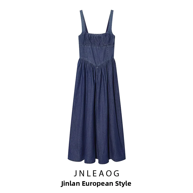 JNLEAOG Summer New Women's Fashionable Mid-Length Denim Dress Versatile Stylish A-Line Skirt Casual Polyester Fiber Dress