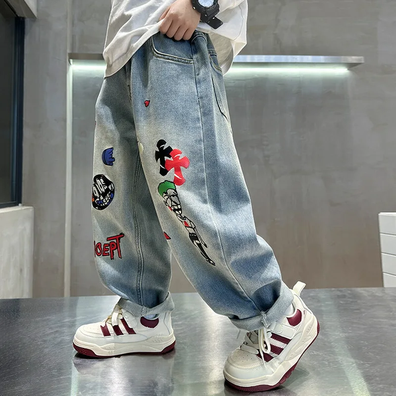 Spring Kids Retro Blue Jeans with Cartoon Print For Boys Casual Loose Straight Fit Denim Pants Child High Waist Jeans Trousers - Image 5