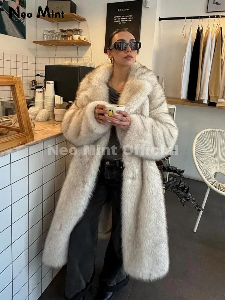 Neo Mint Street Style Long Eco Faux Fur Coats Women 2025 Winter Fluffy Gradient Fox Fur Jacket Brand Fashion Girls Overcoats