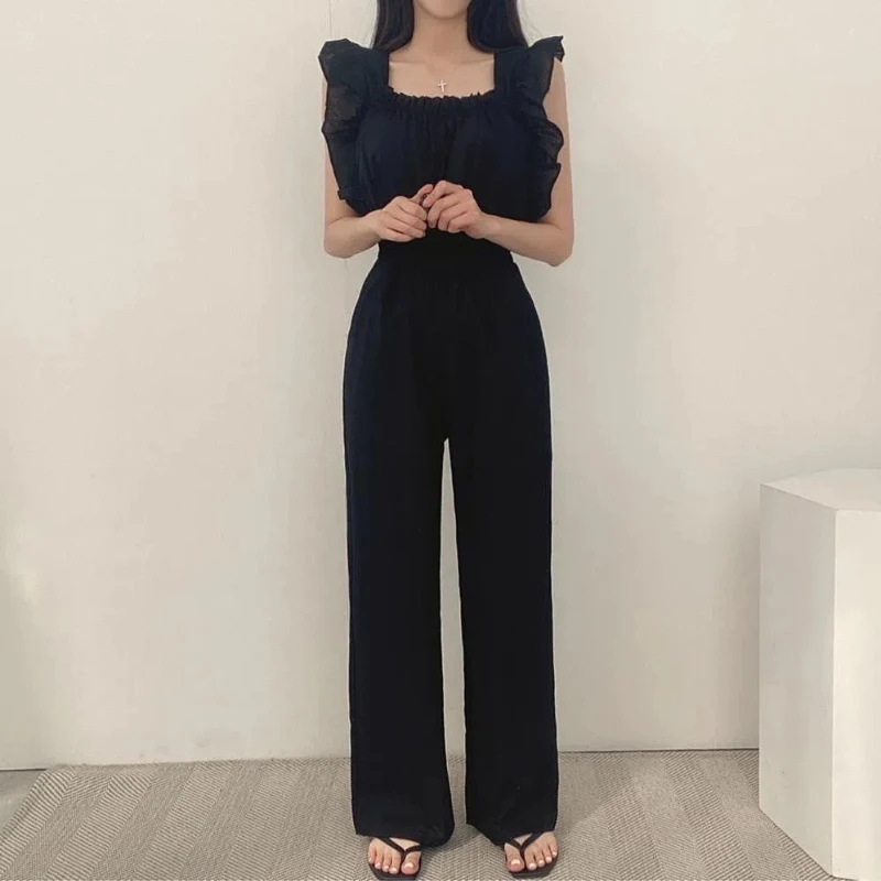 Korean Commute 2024 Summer Women's Pants Solid Color Patchwork Elastic Shirring Ruffles Square Neck Short Sleeve Slim Jumpsuits