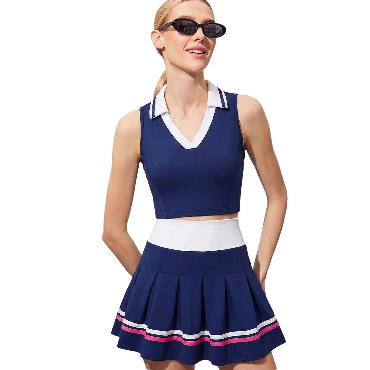 Women 2‑Piece Striped Tennis Set V‑Neck Cropped Polo Tank Top Pleated Skort Built‑in Safety Shorts For Tennis Pickleball Fitness