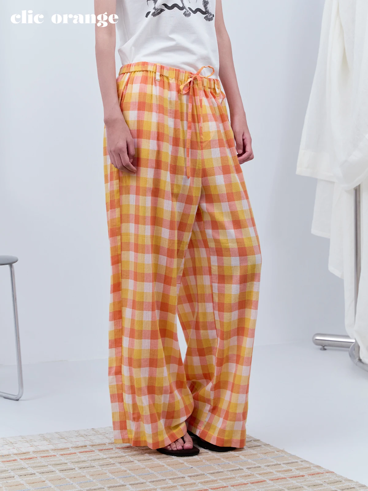 

ClicOrange Pure Cotton Plaid Casual Pants Straight Leg Lazy Versatile Orange Grid Pattern Comfortable Breathable Women's Jeans