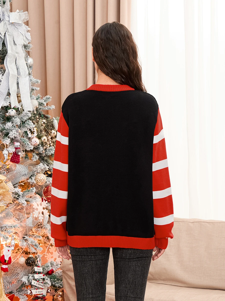 Women s Christmas Knit Sweater Long Sleeve Crewneck Christmas Tree Print Casual Knitwear