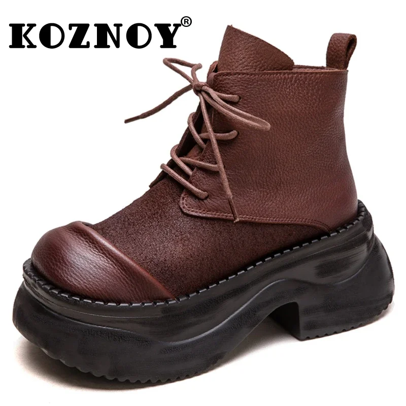 Koznoy 6.5cm Natural Genuine Leather Fashion Spring Boots Moccasins Chimney Ladies Women Ankle Booties Autumn Motorcycle Shoes