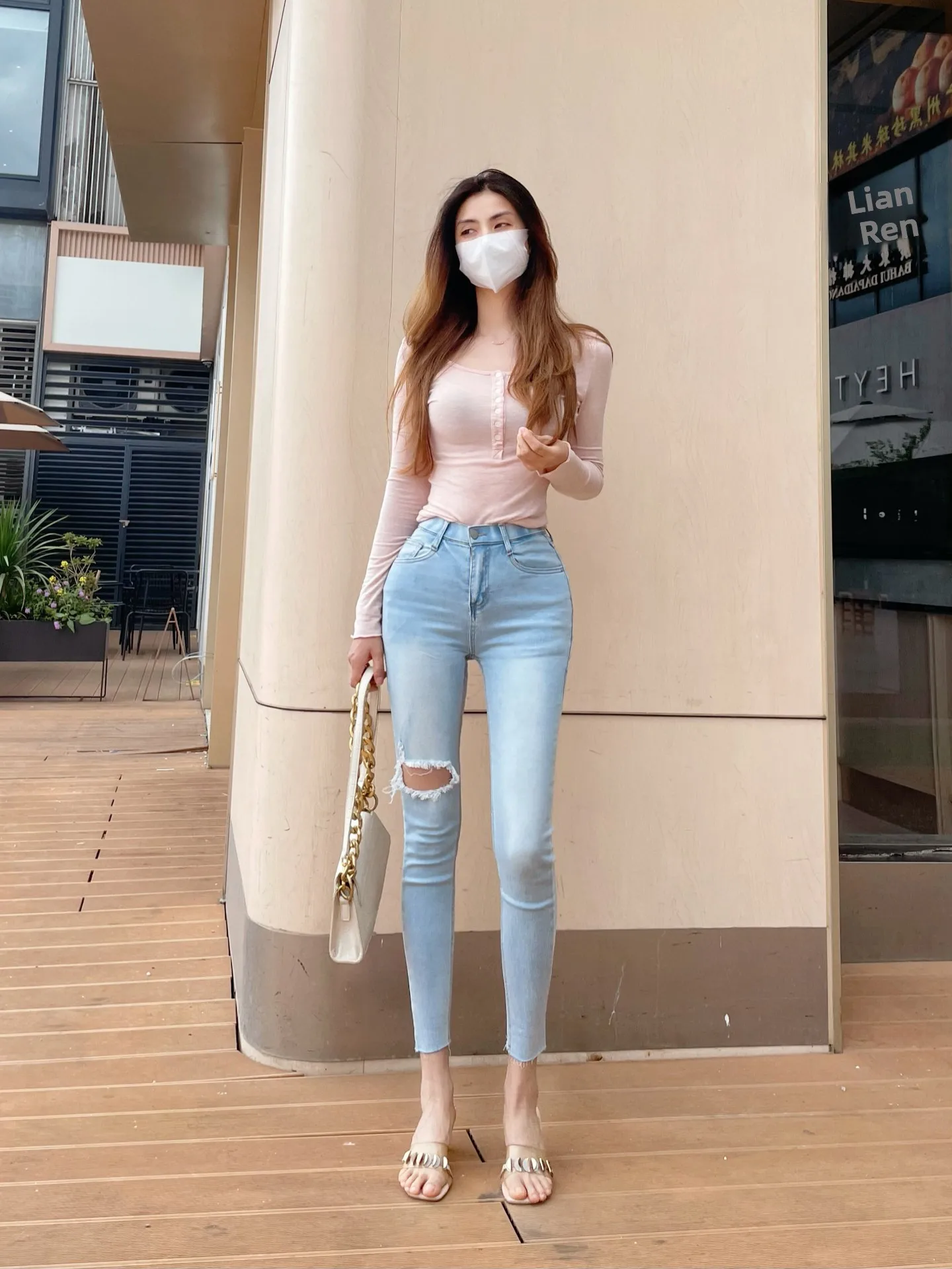 Light Blue High Waist Ripped Denim Jeans Women's Elastic Slimming Nine Point Ankle Length Butt Lifting Spring Summer