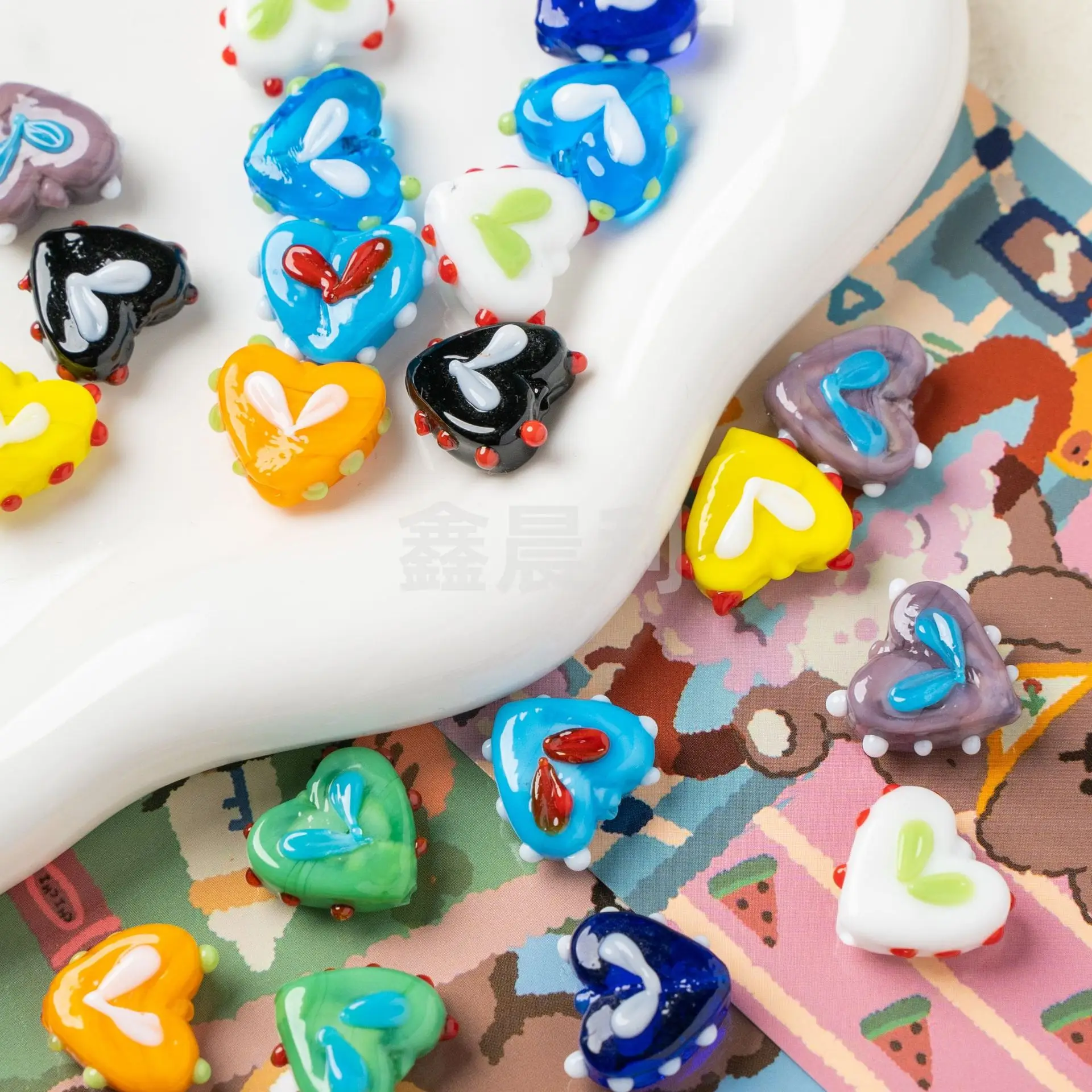 5pcs Colored glazed straight beads Double-sided hand-painted heart rabbit ear polka dot beading diy making for Bracelet necklace