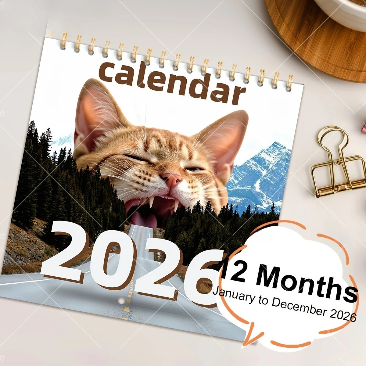 

1pc 2026 Abstract Magical Cat Calendar-Elegant Minimalist Design with Golden Accents, Date & Holiday Markers, Perfect for Office
