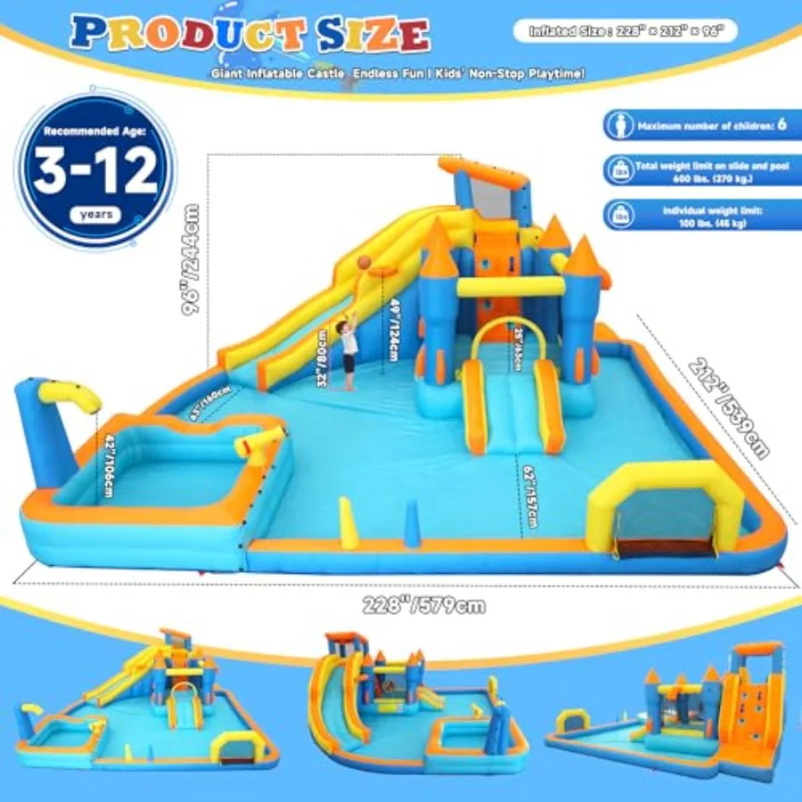 Inflatable Water Slide Park, 12-in-1 Water Bounce House with Big Splash Pool Deep Pool, Basketball, Ring Toss, Target Game - 19