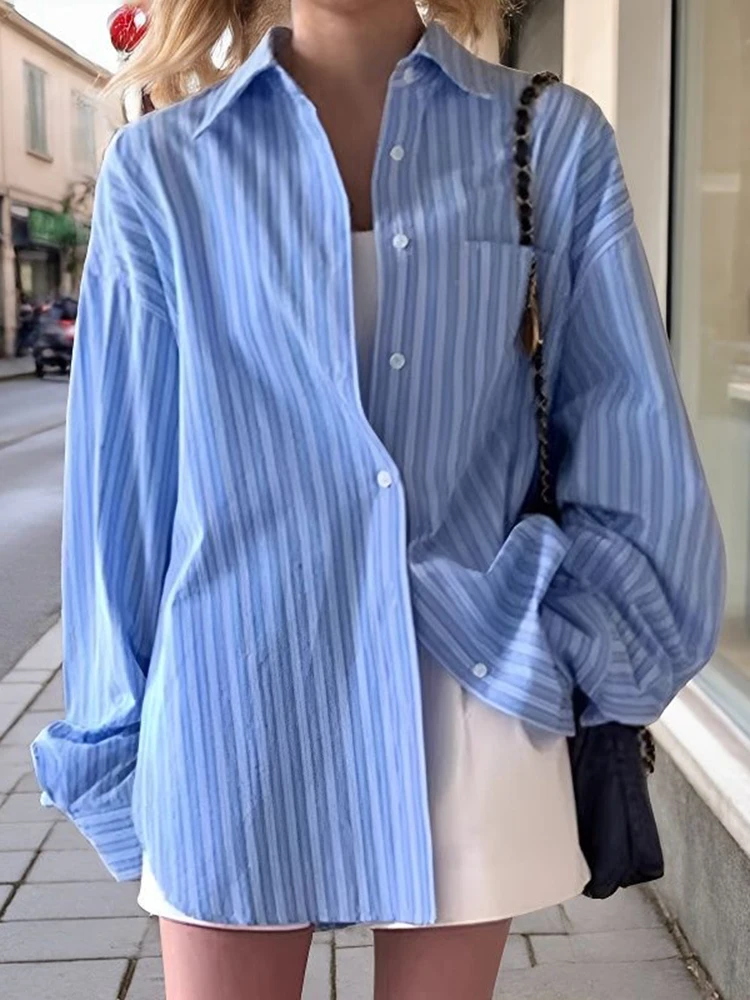 Vintage Casual Striped Shirt Women Spring Summer Long Sleeve Retro Loose Blouse Streetwear Ins Turn Down Collar All Match Tops