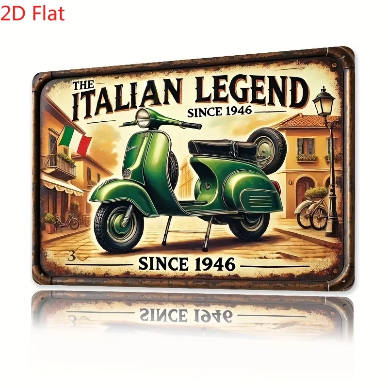 2D Flat, Vintage Italian Metal iron Sign - 8x12 Inch Retro Wall Art with Classic Scooter Design, Perfect for Bars, Cafes